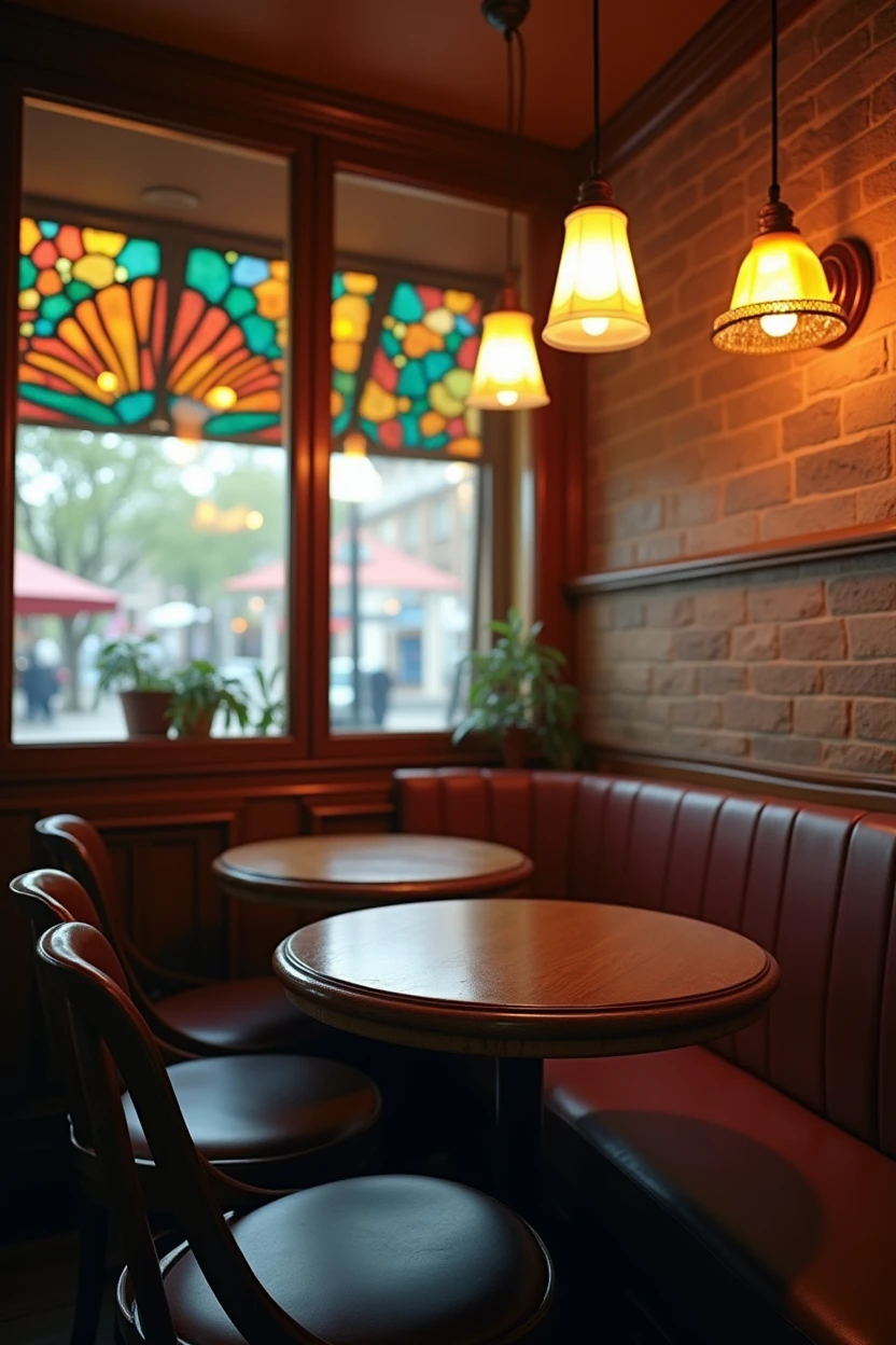 Photorealistic, A view from a wooden table in a corner of a retro coffee shop with stained glass lights