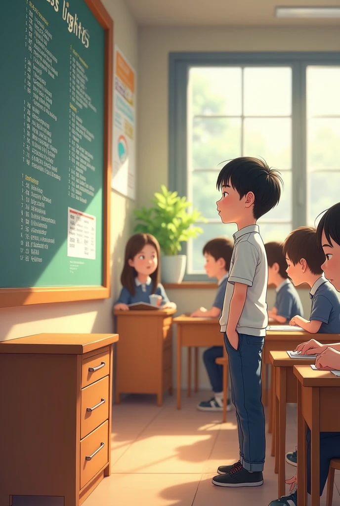 Help me draw a person looking at the list in the class light(Children's animation)。Chinese cartoon in Chinese class posted this week's list of "class lights" in the class,The students rushed up to find their names.,The chirping sound filled the whole classroom。The selected students stood up straight,Rejoiced。In this bustle,I saw Xiaoguang standing quietly in front of the list of "Class Light"。He looked at the list with eager eyes,Lips tightly closed,As if thinking about something。Xiao Guang seemed to notice that I was observing him.,So he pretended to be his usual self again,He walked back to his seat nonchalantly.,Two feet up,On the table,Wrap your hands around your chest,Continue to nap。