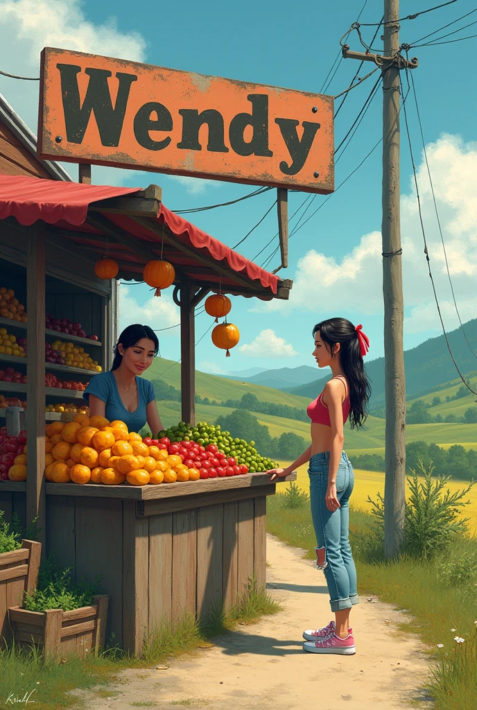 A tall white girl with thick lips, black hair with red tied up, at a fruit stand in a short bag and torn pants and sports shoes. The sign says Wendy and below it says kilometers 26 and she is serving a customer. 