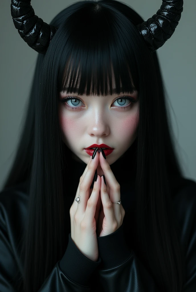 Woman with straight black hair, Natural blue eyes and pale skin, lips were open and painted wine red, her hair with medium black horns, hands making a gesture of silence, CyberRealistic