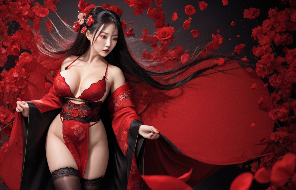 Red kimono open shoulders open legs beautiful breasts stockings black background red rose petals lace strong wind bottom view 