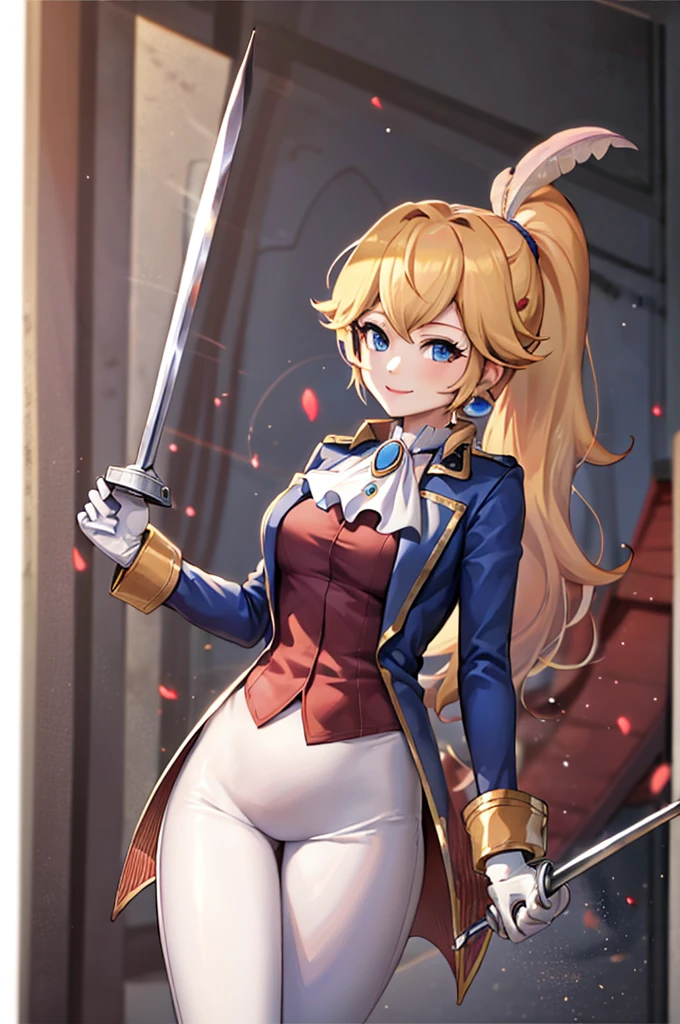 ((masterpiece,Highest quality)), Absurd, sword fighter_peach, alone, One girl, Have, Blonde, blue eyes, jewelry, Earrings, Long Hair, Rapier, Have feather, pants, Ascot, Red Rose, Have flower, ponytail, white pants, White gloves, boots, Blue jacket, Long sleeve, smile, View your viewers, Cowboy Shot,  Structure of the film,