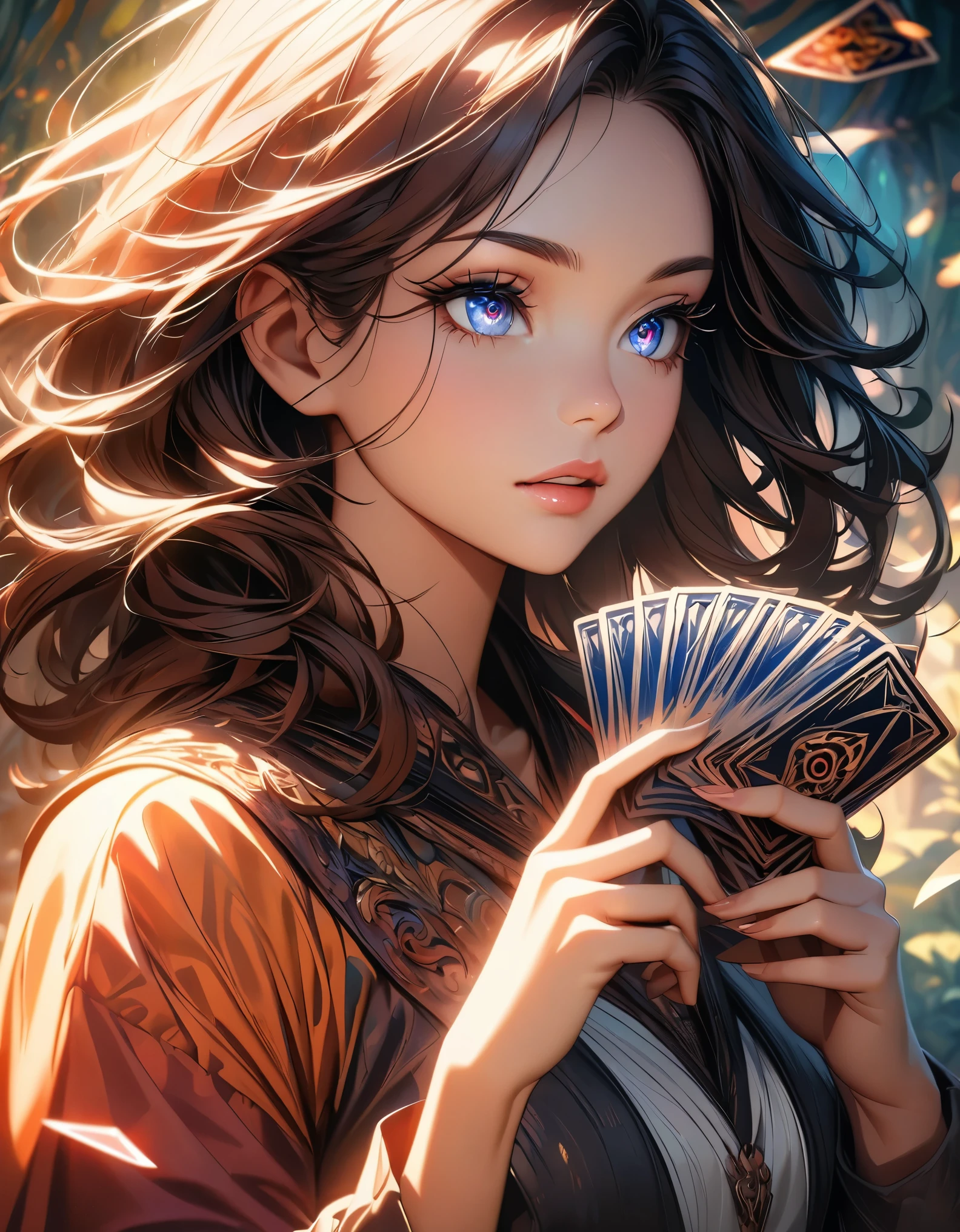 a woman holding a deck of cards, beautiful detailed eyes, beautiful detailed lips, extremely detailed eyes and face, long eyelashes, intricate card game, fantasy, digital painting, cinematic lighting, dramatic shadows, vibrant colors, warm tones, high quality, 8k, detailed