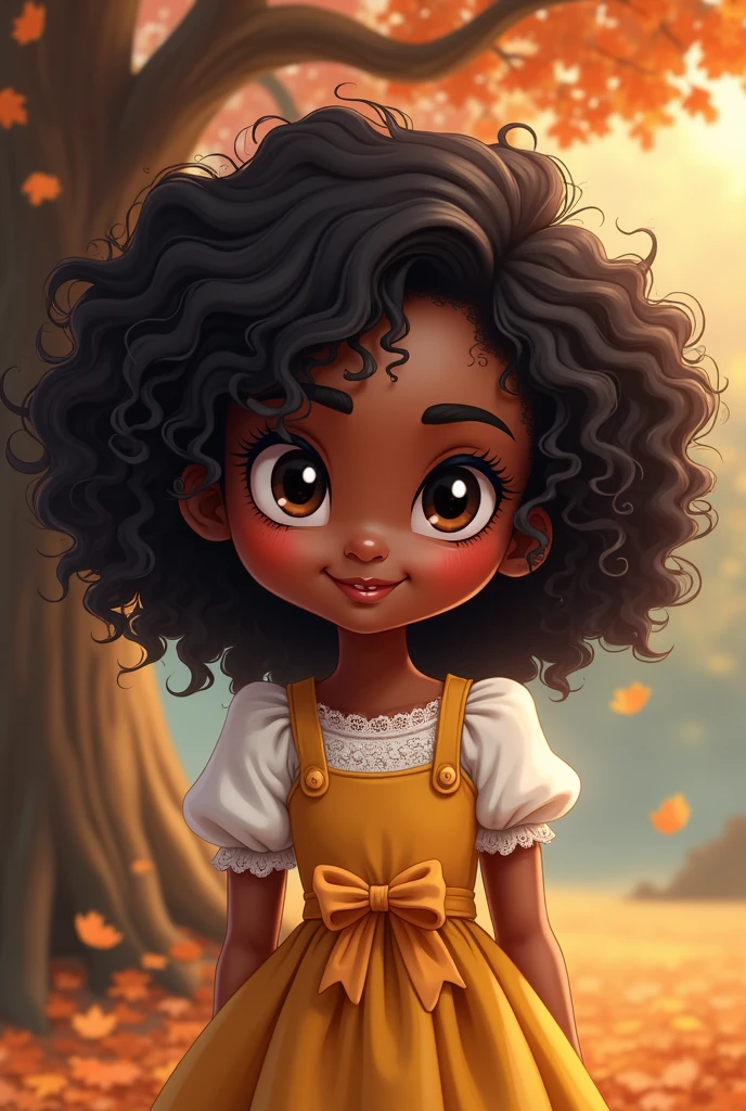 black female, with dark hair, curlies, in chibi, big cute eyes, peach-toned cheek, reddened mouth, with one eye blinking, cabelos curlies, in the scenery with brown autumn leaves, an oak, flared dress with a defined waist, lace and puff sleeves, a little yellow bow, fly away, fly away, fly away, glare eyes, glare eyes,