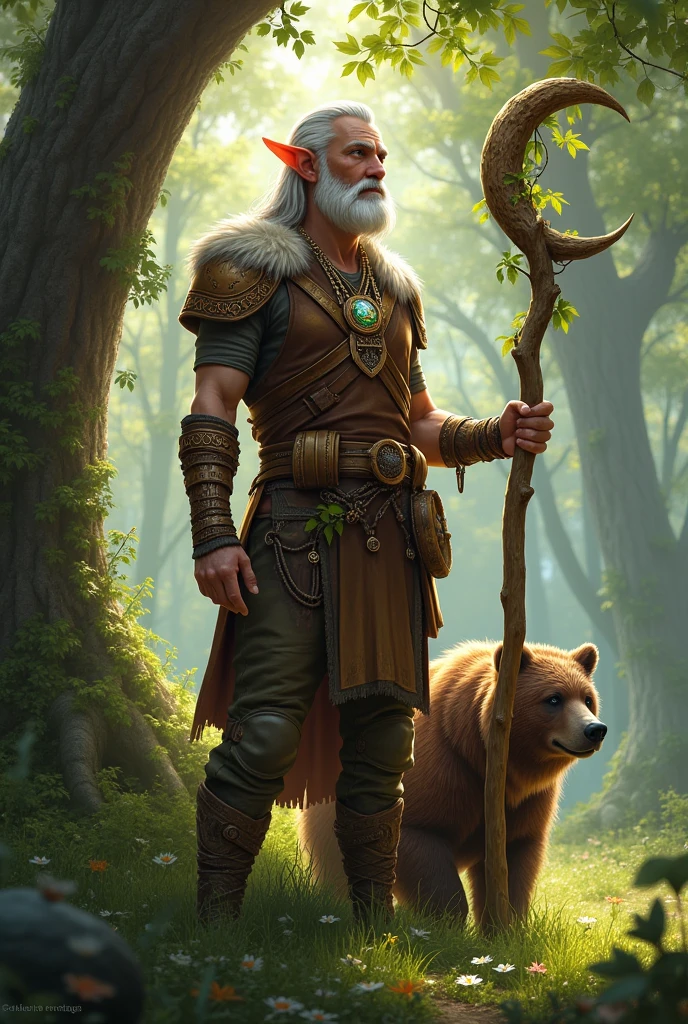 A male wood elf druid with a pet bear holding a wooden staff, leather armor and a moon amulet in the forest