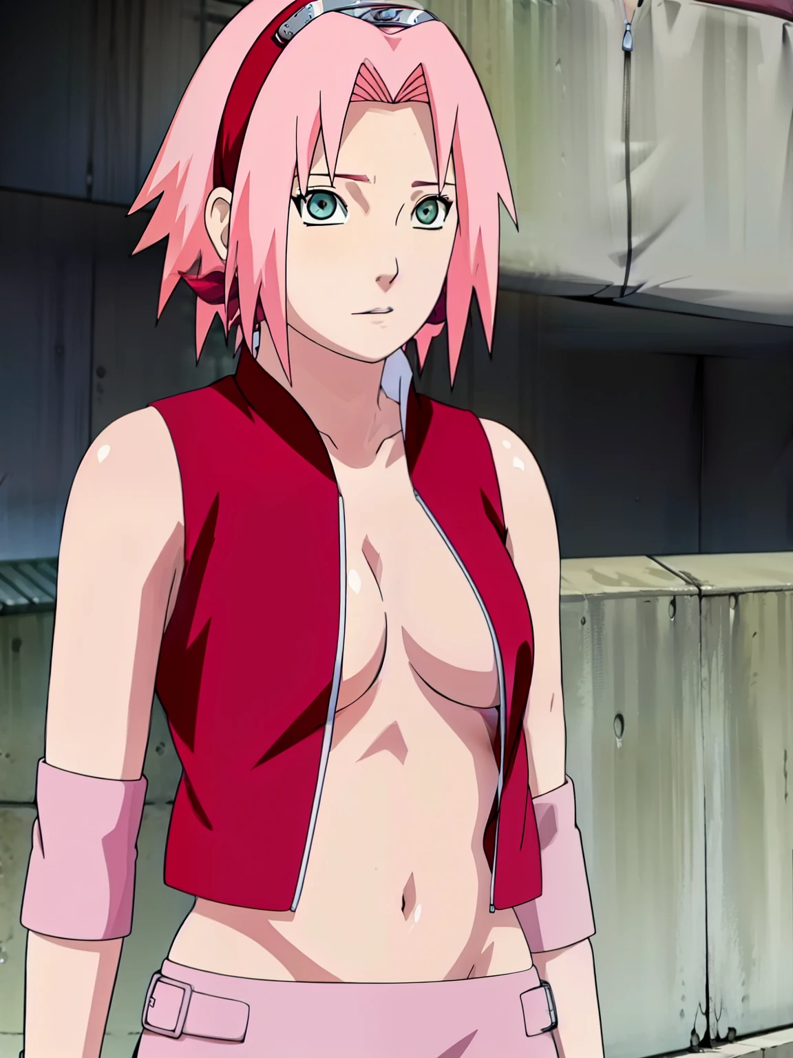 Sakura Haruno showing visible armpit open blouse open zipper ripped blouse open shirt ripped shirt showing chest visible breasts and sexy belly visible