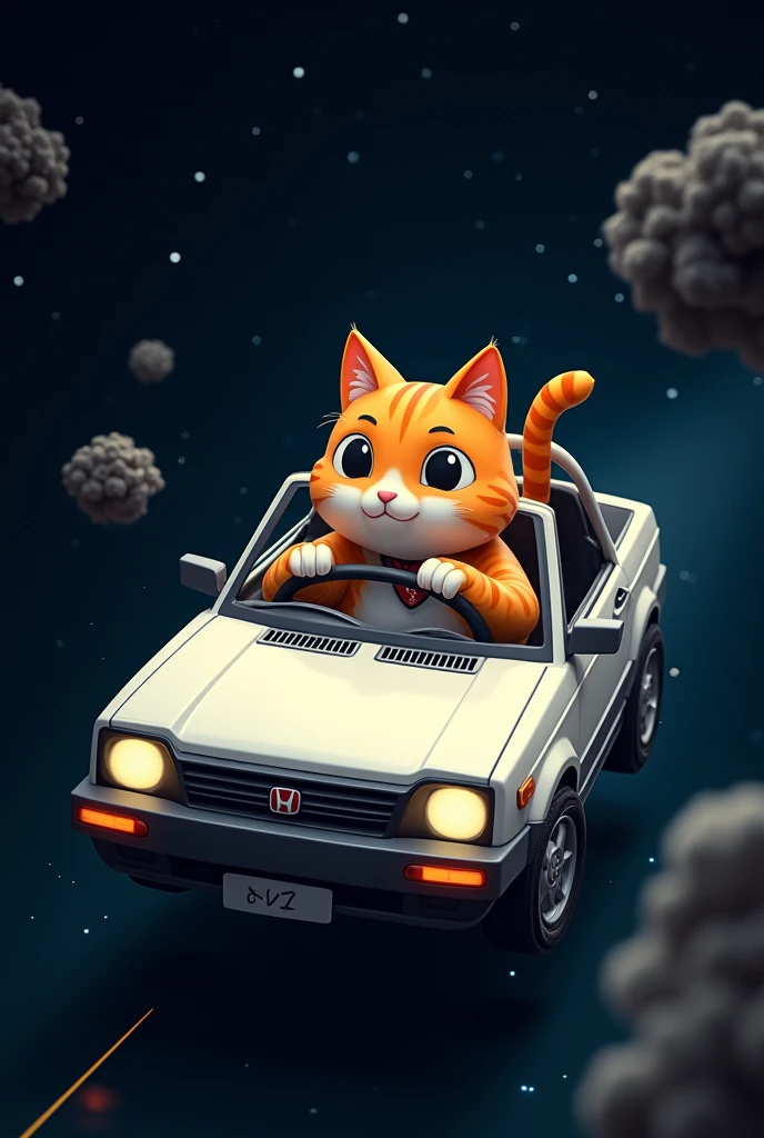 A cat driving a honda civic ej1 white in the space