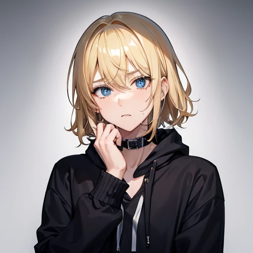 A boy halfway in transforming into a blonde girl, scared look, black hoodie, blue jeans, serounded by boys, in pain