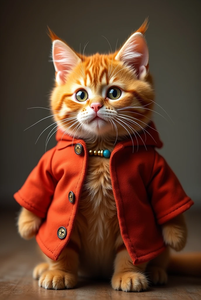Create an image of an orange cat dressed in Griffindor-related things