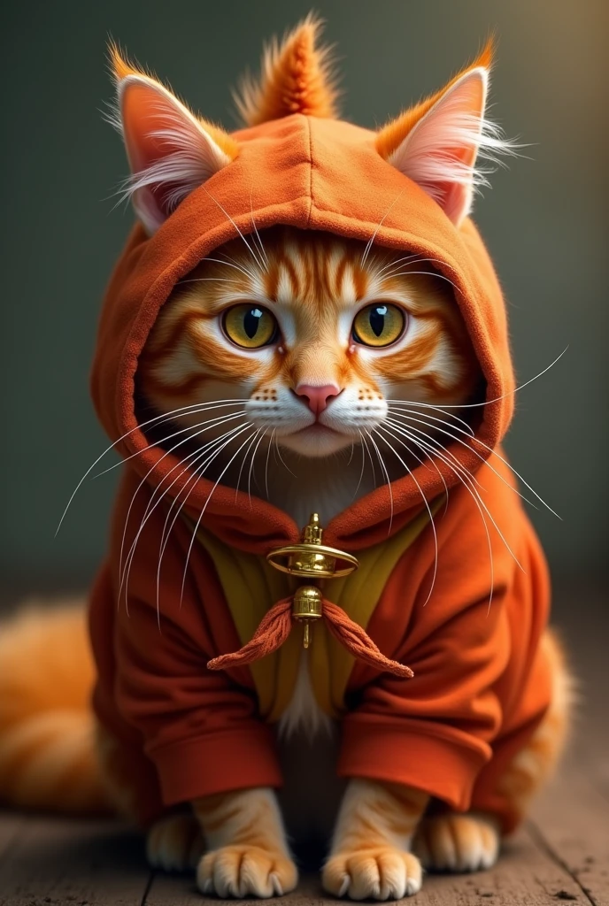 Create an image of an orange cat dressed in Griffindor-related things 