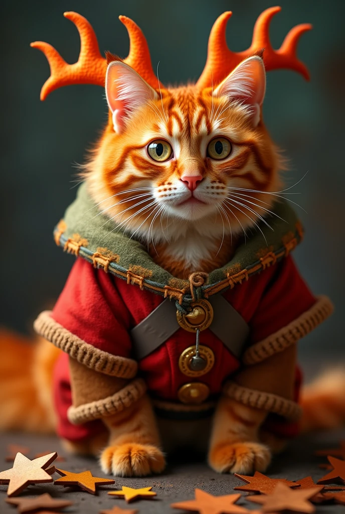 Create an image of an orange cat dressed in Griffindor-related things 