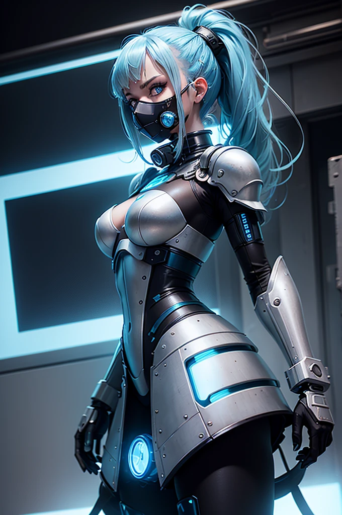from below angle from below camera shoots from below cyborg warrior girl flat horizon photo, Girl android , she has long light blue hair, hair tied up in a ponytail, she has a mask on her face, a respirator, a woman with sexy hips, incredibly beautiful blue eyes and a gas mask on her face, half cyborg, technological modifications. Cool girl, Beautiful face, pretty face, look at the camera, blue metal cybernetic android robot body, Large, wide hips, suit with blue indicator lines with many blue details, blue colour corset, blue glowing lines on clothing details, cybernetic armor with a blue glow from under the joints and joints, she has blue eyes , frame with a flat horizon, Anime Style Photography , blue Lasers, black dark blue smoke background Cyberpunk style, high image detail, 4k quality, the camera films Her from below, lower angle of photography, black background image of a night black city and blue neon lights, blue lamps, blue lighting, blue flashes IN THE BACKGROUND blue sky , a girl stands on the roof of a tall building, behind her is a blue sky and clouds