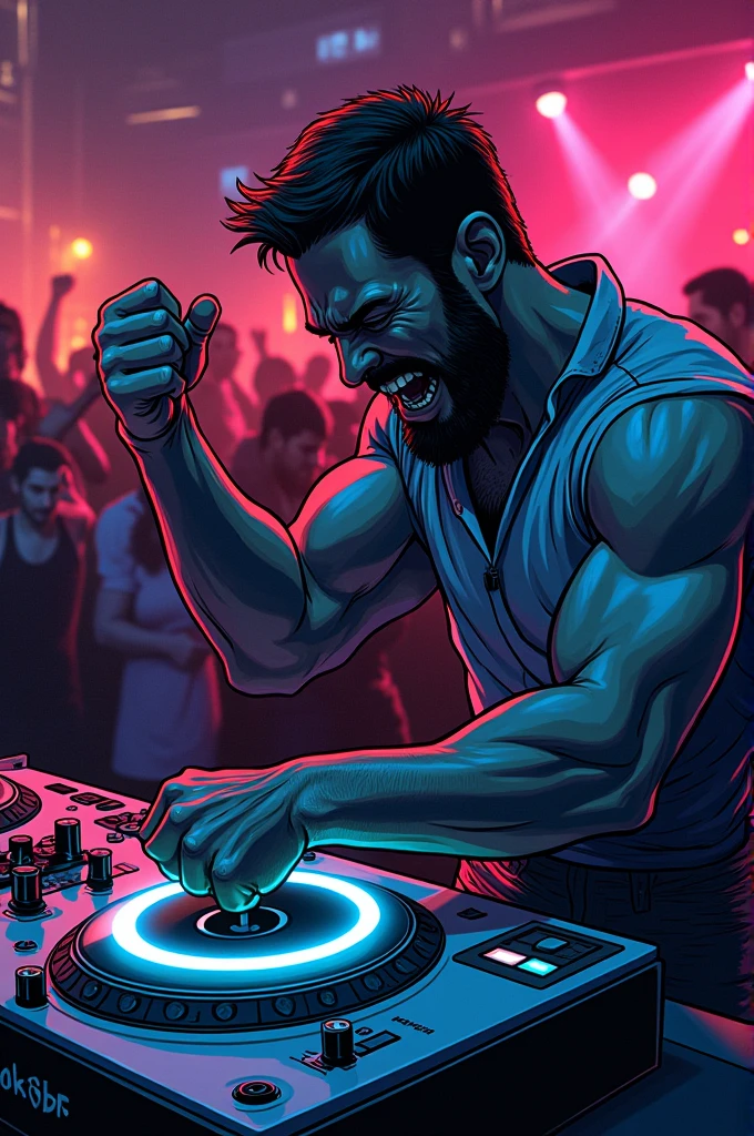 DJ playing arm wrestling while mixing songs on his turntable
