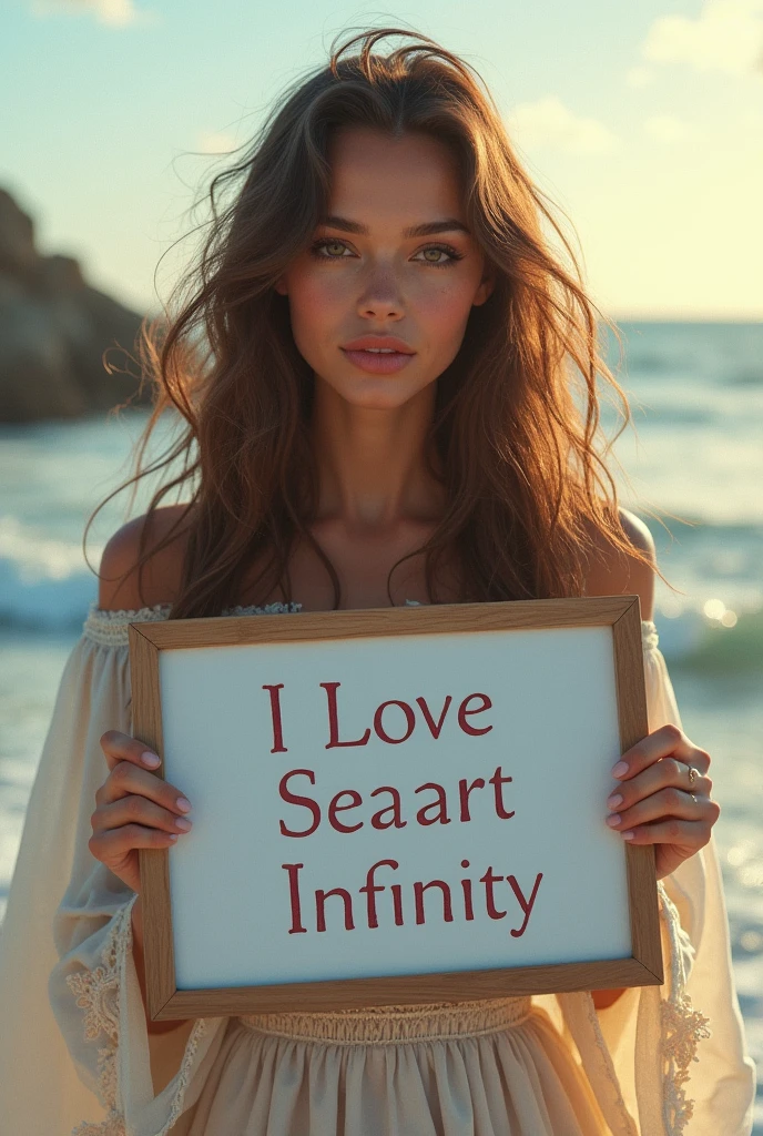 Beautiful girl with wavy long hair, bohemian dress, holding a white board with text "I Love Seaart Infinity" and showing it to the viewer