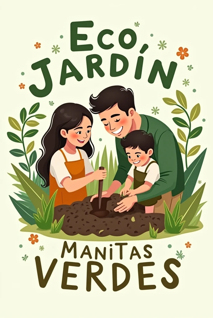 Central Image: A family planting in a garden. You can show the family members engaged in different activities, such as digging, planting, or watering.Natural Elements: Surround the image with elements like leaves, flowers, or plants to highlight the ecological theme.Text: "Eco Jardín Manitas Verdes" in friendly and modern letters. You can place the text around the image or below it, ensuring that it is clear and readable.Colors: Use various shades of green to represent nature, with touches of warm colors for the family, such as soft skin tones and clothing.