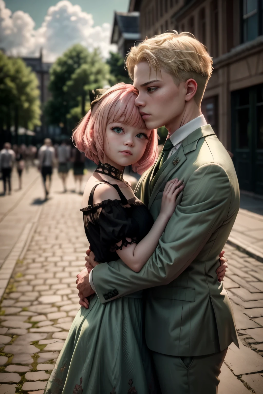 (masterpiece, best quality:1.2), high resolution, intricate details, extremely detailed, realistic and sharp details, (full body), hetero, couple, ((Anya Forger, anya_forger_spyxfamily, anime_style, pink hair, short bob hair, hairpods, green eyes, choker, blouse, skirt,  female child(1boy, Loid Forger, blonde hair, wearing light green business suit)), ((couple hugging each other and kissing)), detailed face, detailed eyes, pale skin, photo background, outdoors, 