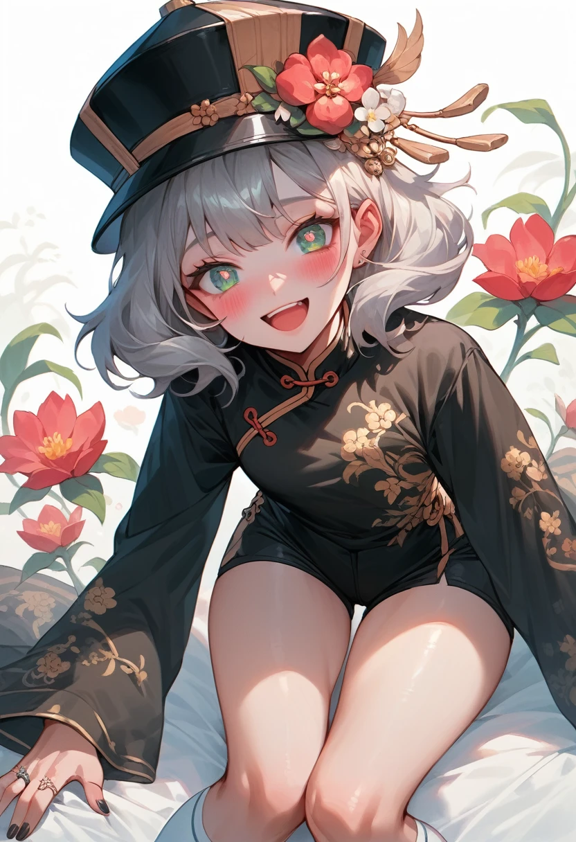 masterpiece, best quality, HuTaoV4, 1girl, solo, looking at viewer, symbol-shaped pupils, flower shaped pupils, blush, smile, open mouth, long sleeves, hat, jewelry, flower, thighs, shorts, socks, nail polish, black headwear, chinese clothes, black shorts, ring, all fours, black nails, hat flower, desnuda, pervertida,Naked, and having sex with a dick entering the vagina, change the appearance while lying down, don't change the face and hair to keep it the same