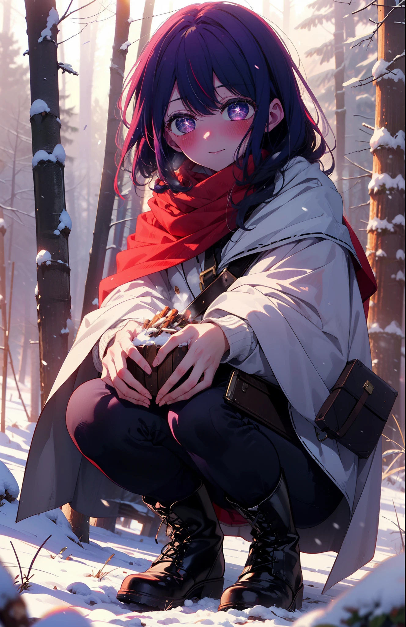 aihoshino, Ai Hoshino, Long Hair, bangs, (Purple eyes:1.1), Purple Hair, (Symbol-shaped pupil:1.5), smile,,smile,blush,white breath,
Open your mouth,snow,Ground bonfire, Outdoor, boots, snowing, From the side, wood, suitcase, Cape, Blurred, , forest, White handbag, nature, Squat, Mouth closed, Cape, winter, Written boundary depth, Black shoes, red Cape break looking at viewer, Upper Body, whole body, break Outdoor, forest, nature, break (masterpiece:1.2), Highest quality, High resolution, unity 8k wallpaper, (shape:0.8), (Beautiful and beautiful eyes:1.6), Highly detailed face, Perfect lighting, Extremely detailed CG, (Perfect hands, Perfect Anatomy),