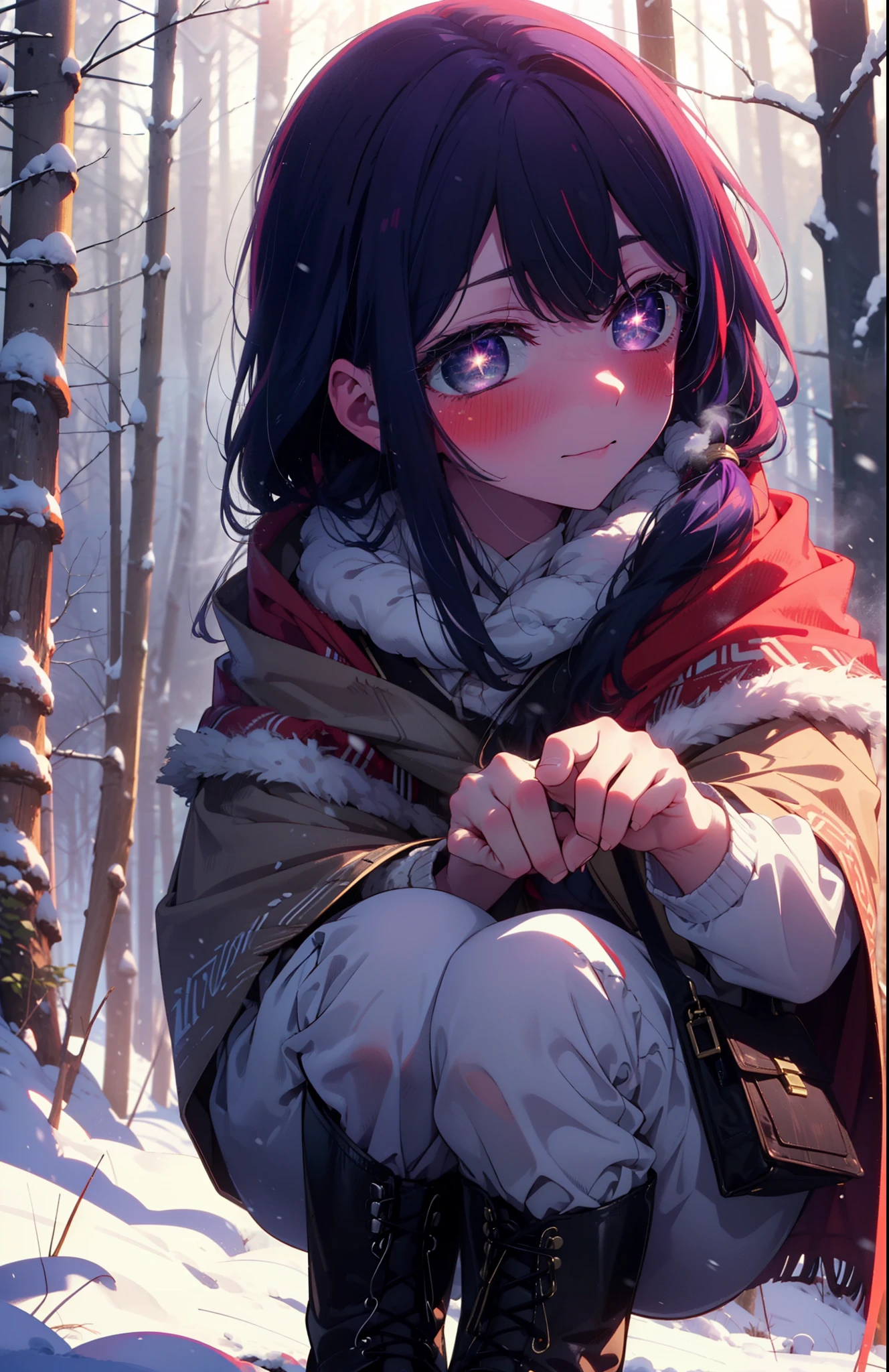 aihoshino, Ai Hoshino, Long Hair, bangs, (Purple eyes:1.1), Purple Hair, (Symbol-shaped pupil:1.5), smile,,smile,blush,white breath,
Open your mouth,snow,Ground bonfire, Outdoor, boots, snowing, From the side, wood, suitcase, Cape, Blurred, , forest, White handbag, nature,  Squat, Mouth closed, Cape, winter, Written boundary depth, Black shoes, red Cape break looking at viewer, Upper Body, whole body, break Outdoor, forest, nature, break (masterpiece:1.2), Highest quality, High resolution, unity 8k wallpaper, (shape:0.8), (Beautiful and beautiful eyes:1.6), Highly detailed face, Perfect lighting, Extremely detailed CG, (Perfect hands, Perfect Anatomy),