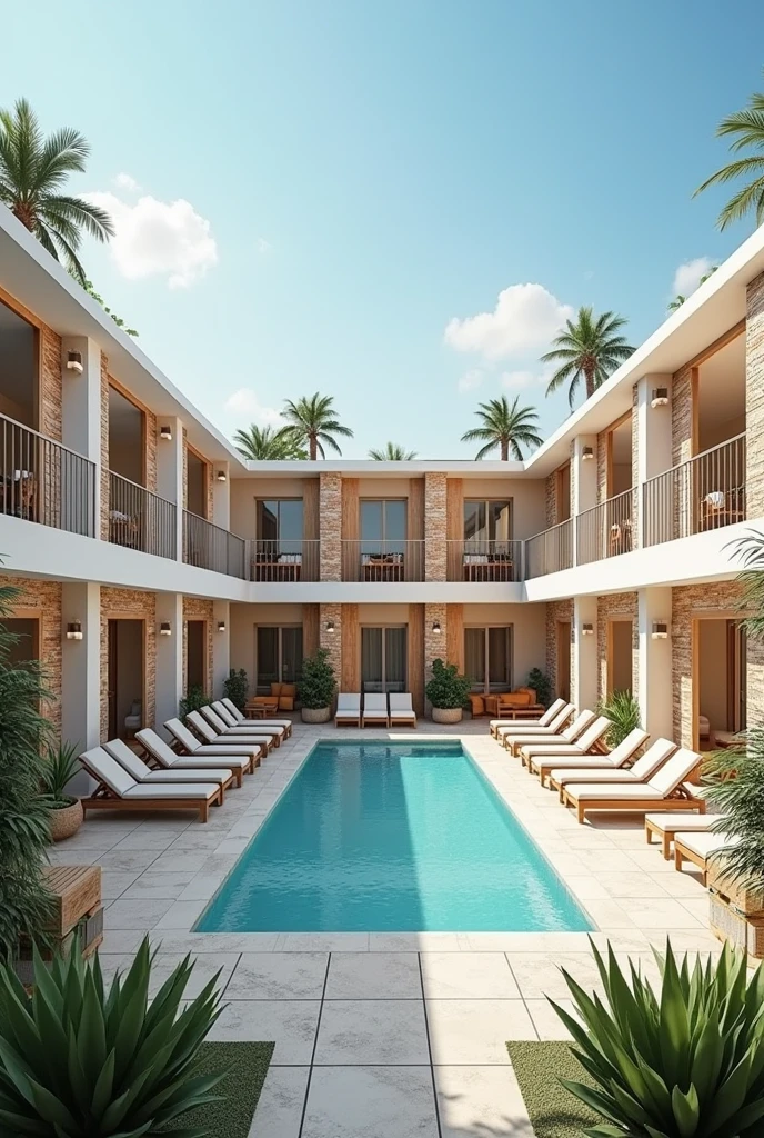 a hotel/two story hostel, white and in some parts wood texture, It has an L shape and a large beautiful patio with a pool in the center., beach chairs
