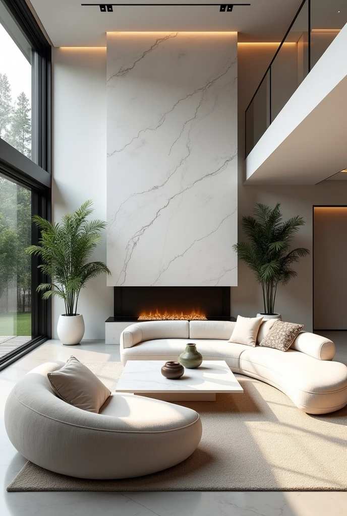 Professional 3d architecture rendering design of modern and minimal big curve white velvet sofa and  white marble slab stone middle table and modern white marble slab stone fireplace and modern windows and modern ceiling lighting and modern and elegant accessories and modern green space 