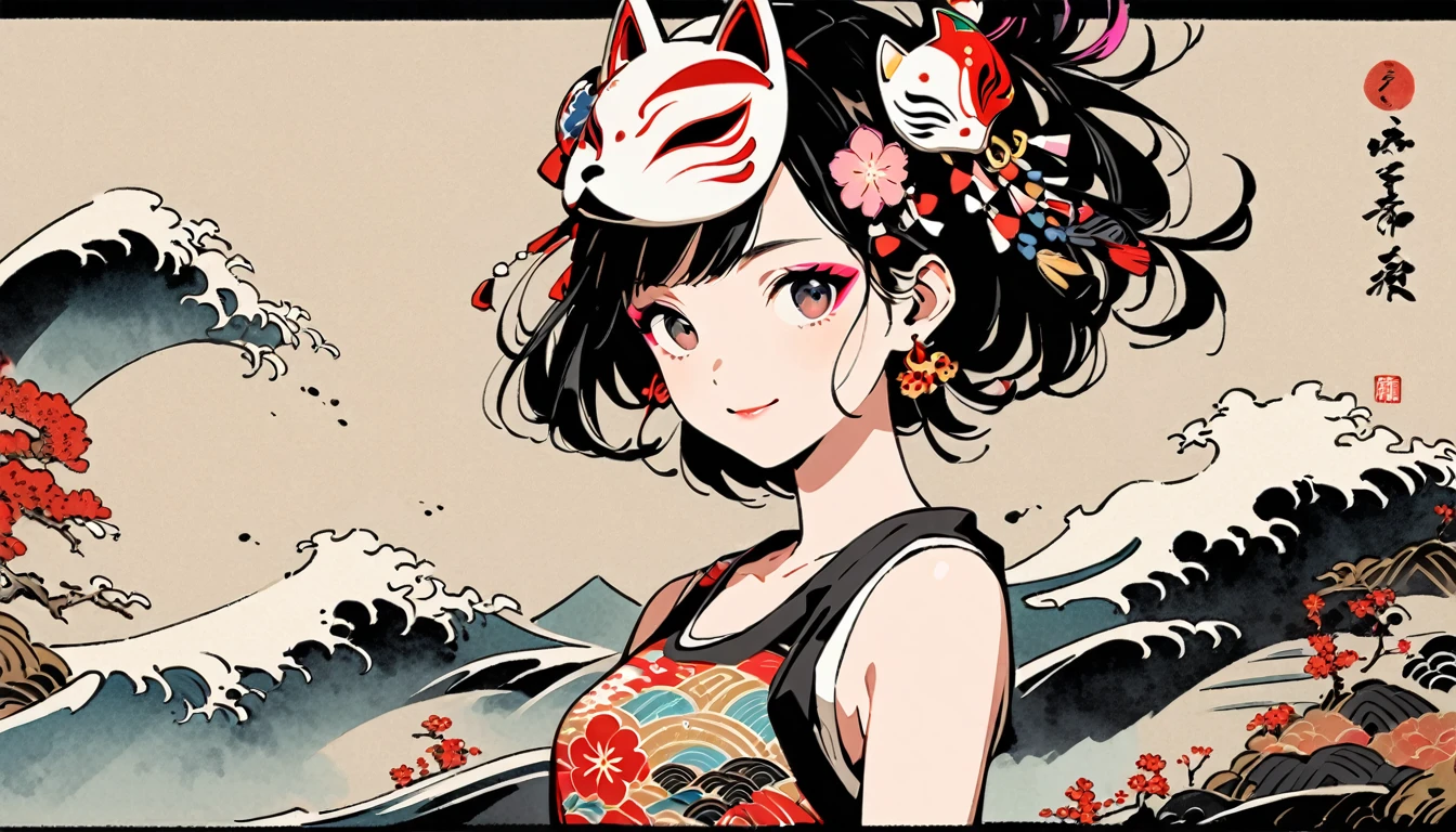 (((Ink Painting))), Fashion portrait color photos, (((1 girl))), (((Put a white fox mask on your head))), (((Japanese pattern tank top))), (((Very flashy hair accessories))), (((Very flashy makeup))), Japanese style headphones, smile, front view, Japan人の美少女, Black Hair, Delicate and precise, Modern ukiyo-e style,Japan, Japanese flag