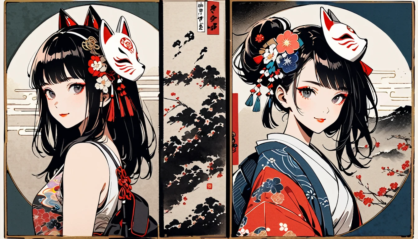 (((Ink Painting))), Fashion portrait color photos, (((1 girl))), (((Put a white fox mask on your head))), (((Japanese pattern tank top))), (((Very flashy hair accessories))), (((Very flashy makeup))), Japanese style headphones, smile, front view, Japan人の美少女, Black Hair, Delicate and precise, Modern ukiyo-e style,Japan, Japanese flag