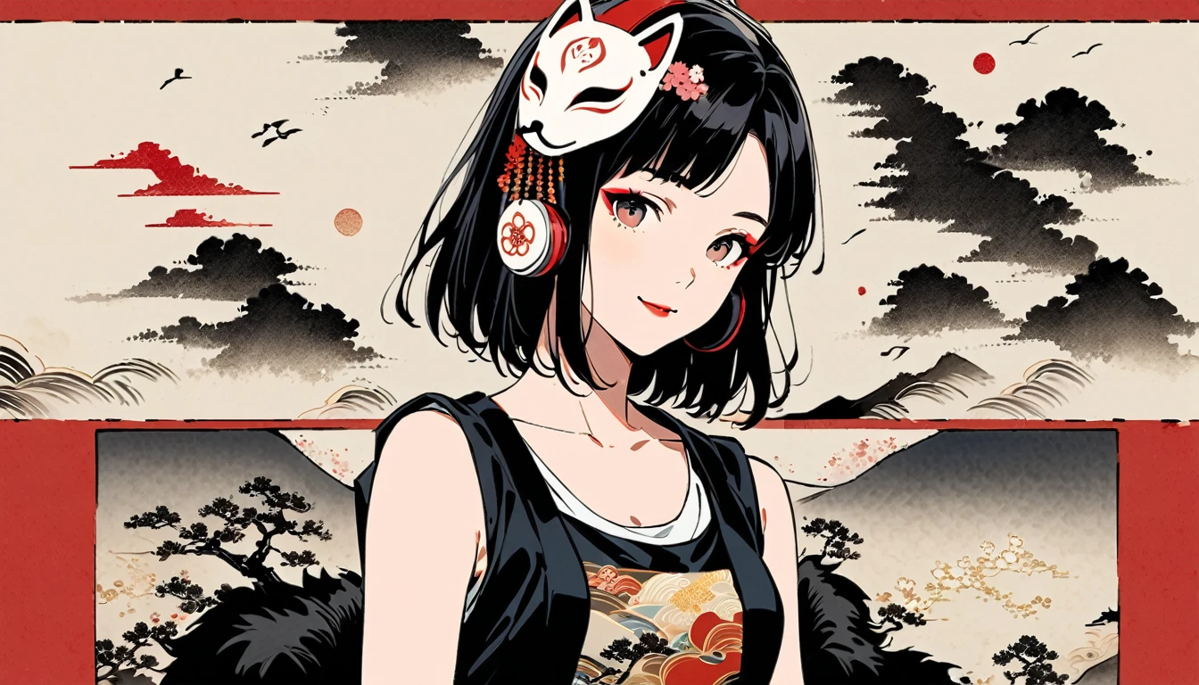 (((Ink Painting))), Fashion portrait color photos, (((1 girl))), (((Put a white fox mask on your head))), (((Japanese pattern tank top))), (((Very flashy hair accessories))), (((Very flashy makeup))), Japanese style headphones, smile, front view, Japan人の美少女, Black Hair, Delicate and precise, Modern ukiyo-e style,Japan, Japanese flag
