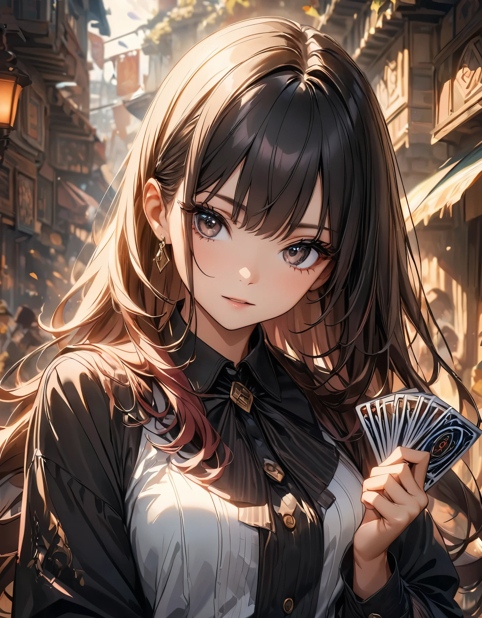 Woman holding a deck of playing cards、美しくdetailedな目、美しくdetailedな唇、非常にdetailedな目と顔、Long eyelashes、Complex card game、Fantasy、Digital Painting、Cinematic lighting、Dramatic Shadows、Bright colors、Warm tones、high quality、8k、detailed