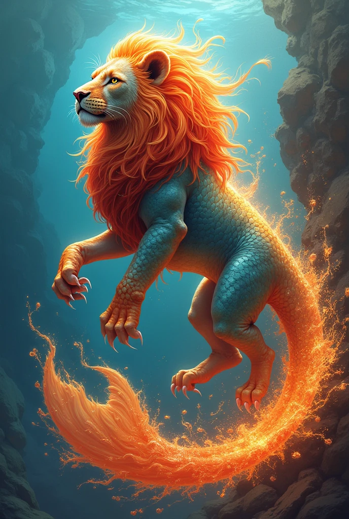 An animal that mixes the body of a colorful fish, lion's head and tail and, instead of paws, that has scorpion claws formed by water and a tail mixed between a lion's tail and a scorpion's tail made of fire, with the elements of water and fire creating a mixed background.