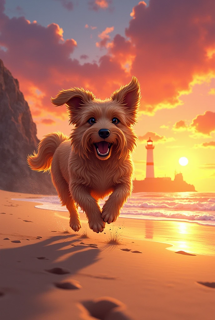 Draw a snauzcher running in the sand at Chuburna Puerto Beach, Watching the sunset, and the lighthouse at the entrance to the Chuburna port shelter