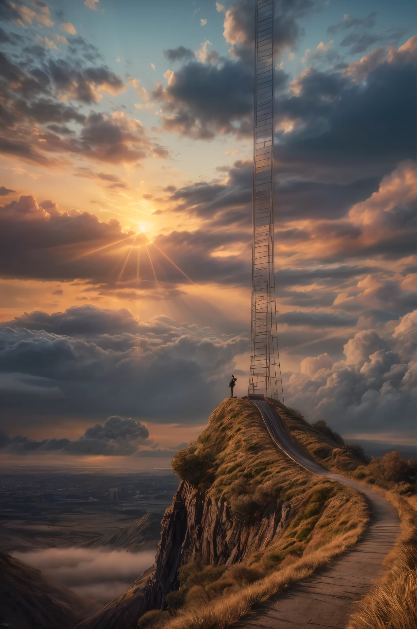 Stairway to Heaven photoshot, wallpaper, wallpaper 8k, photographic contest winner, Hyperrealistic art cinematic film still photography in the style of detailed hyperrealism photoshoot. [Entire scene is surrounded by mist, evoking a mysterious and eerie atmosphere. The lighting is dark and atmospheric, with smoke adding a touch of sinister ambiance. Best quality image, HDR enhancement, showcasing the utmost level of detail and realism, full body shot:1.5]. [8K, Best Quality, Ultra High Resolution, (highly detailed CG unity 8k wallpaper), (best photo), (best shadows), isometric 3D, octane rendering, ray tracing, highly detailed, (Best quality, 4K, 8k:1.2), absurdity, ultra detailed, (realistic, photorealistic, photorealistic:1.37), complex parts, HDR, (complex parts:1.12), (hyper detailed, hyper realistic, Soft lighting, spicy:1.2), (complex parts, Hyper detailed:1.15). Blurred foreground. (backlit), masterpiece, high quality, brightness, chromatic aberration, foggy smoke, shadows, contrast, clear sky, (warm hue, warm tone), high details, natural reflections].