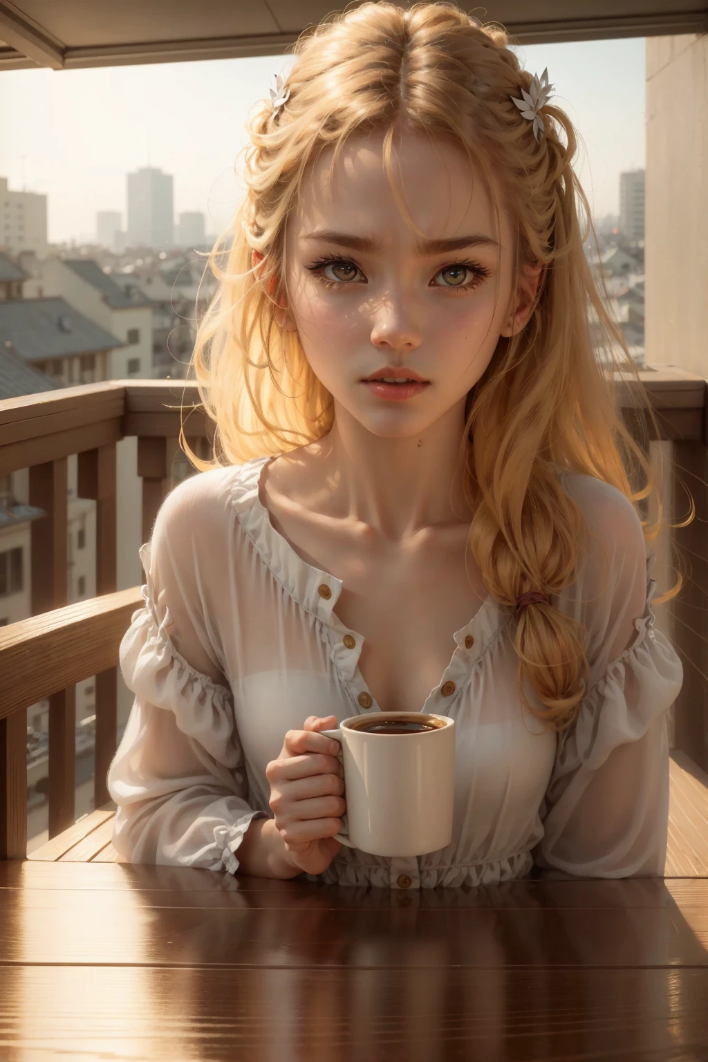 Tabletop, Highest quality, One Girl ,Put your coffee cup to your mouth with a blank look on your face, Balcony at home, Realistic, High resolution, detailed, Soft Focus、Delicate facial features, detailedな目, Sharp pupils, Written boundary depth, ボケ Written boundary depth, Sharp focus, Golden Ratio, Morning sunlight, dream
