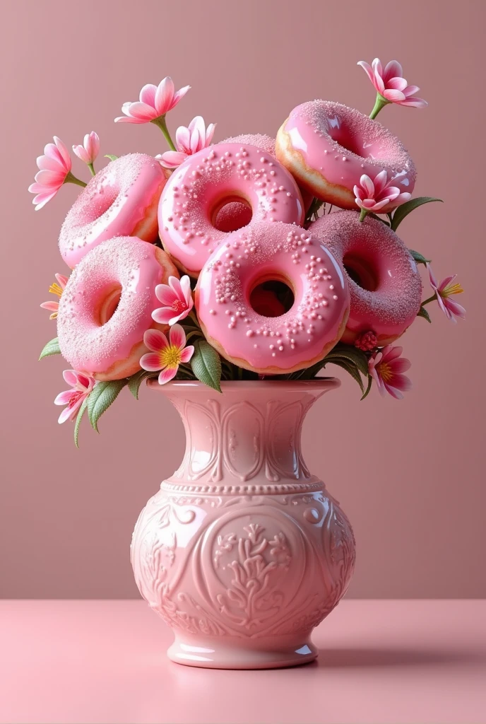 A bouquet of pink donuts with flowers and a vase with relief