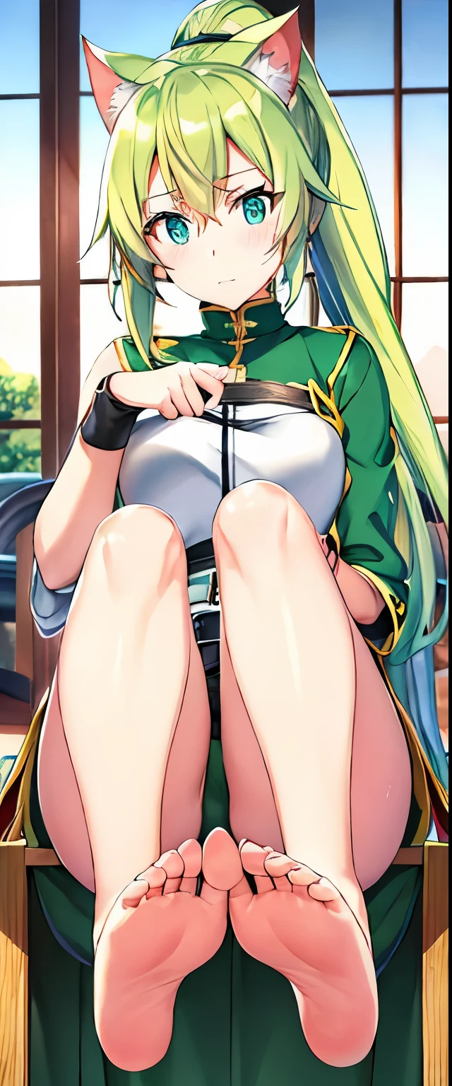 (masutepiece:1.1), (high resolusion:1.2), (Illustration:1.05), (ultra detailed 8k art:1.05), (finely detailed beautiful eye), Perfect face, Bright pupils, Lustrous skin, hayami_Sena ,Green eyes, , Sinon, Black_Belt bag, Green_Capelet, Green_Jacket, white_Shorts,, Long sleeves, fullllbody, blushed, Looking at Viewer, sole, Barefoot soles、poneyTail、Smelly、5 toes、Sole Focus、Open your toes、Bare legged、bare-legged、Brown hair、Sena Hayami、Stuffiness on the soles of the feet、Sweaty feet,  Close-up of the soles of the feet，Exposing the soles of the feet