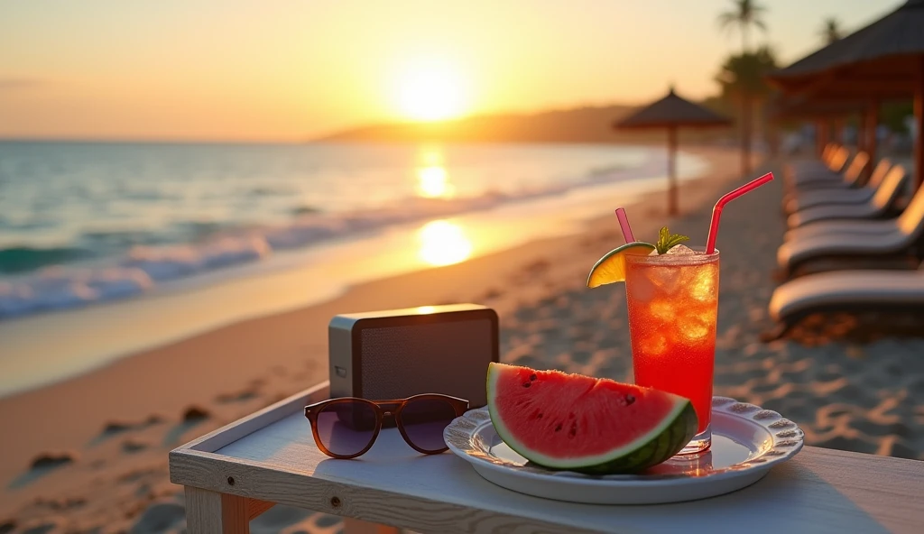 Sandy beach with waves, There are parasols, sunbeds and tables., On the table next to the sunbed, there is a straw, a cool cocktail garnished with lemon, sunglasses, a classic design Bluetooth speaker, and a tray., There is a delicious looking watermelon on the plate.. There is a sunset in the sky..