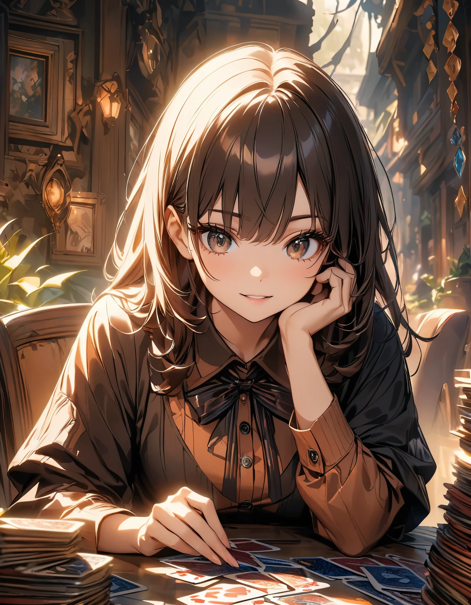 Woman holding a deck of playing cards、美しくdetailedな目、美しくdetailedな唇、非常にdetailedな目と顔、Long eyelashes、Complex card game、Fantasy、Digital Painting、Cinematic lighting、Dramatic Shadows、Bright colors、Warm tones、high quality、8k、detailed
