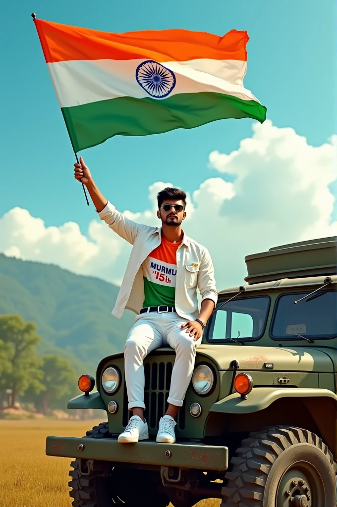 Create an Real image featuring a young man
sitting on the hood of army truck, with Indian's scenic background. He's holding a flag celebrating Indian 15th August. The boy wears a tirnga T-shirt with 'MURMU'15th printed on it, white jacket, white pants, white shoes and sunglasses."