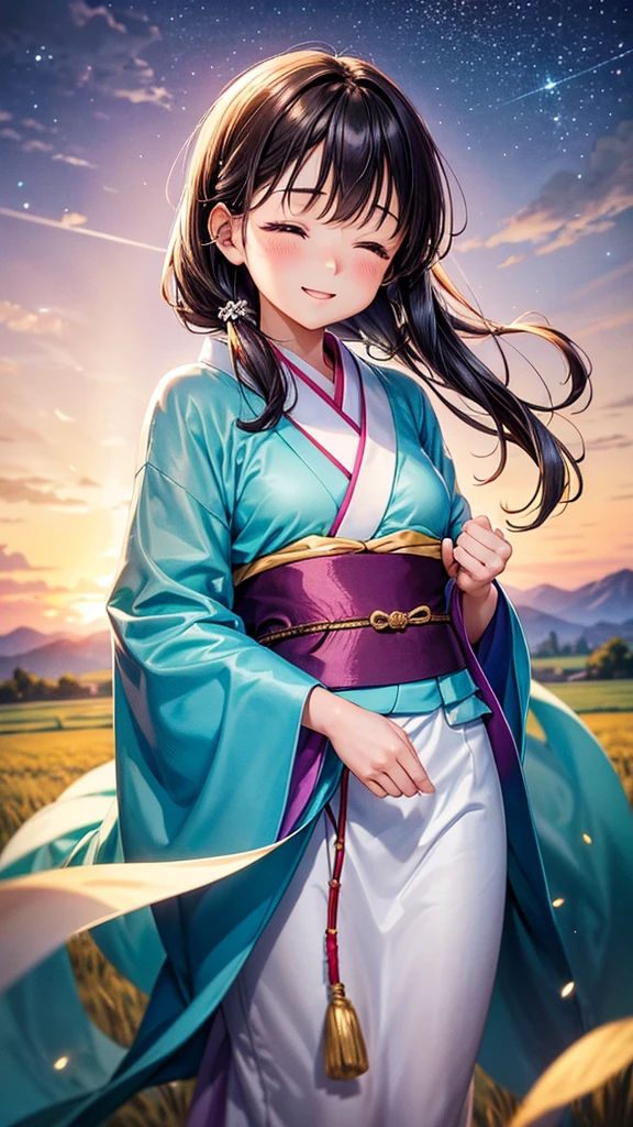 Create an enchanting and vividly detailed anime-style illustration that captures the essence of joy and serenity. The focal point is a young girl, around 12 years old, who exudes an aura of pure happiness. She is dressed in a traditional white yukata, a garment that symbolizes simplicity and purity. The yukata is intricately designed with subtle patterns of cherry blossoms, barely visible but adding a layer of depth to the garment. The sleeves of the yukata are long and flowy, catching the gentle breeze, which causes them to flutter softly around her.
The girl's hair is short and black, with slight waves that suggest it has been tousled by the wind. Each strand is meticulously detailed, with some catching the light and creating a natural sheen. Her hair frames her face perfectly, which is illuminated by her radiant smile. Her eyes are closed in bliss, and her cheeks are slightly flushed, indicating the overwhelming joy she feels. The artist should focus on capturing the genuine emotion of her expression, making it the heart of the illustration.
In her hands, she holds several translucent balloons, each one tethered to her by delicate ribbons that dance in the breeze. The balloons are not ordinary; they are ethereal, with surfaces that shimmer like soap bubbles, reflecting a spectrum of colors—pinks, blues, purples, and greens. The light interacts with the balloons in a magical way, causing them to glow softly. Some balloons have small, intricate patterns on them, resembling constellations or tiny galaxies, adding a sense of wonder to the scene.
The setting is an open field under a clear, bright blue sky. The sky is dotted with a few fluffy clouds that are painted with a hint of gold from the sunlight. The sunlight is warm and gentle, casting a soft golden glow over everything it touches. The field is vast and stretches out to the horizon, covered in tall grasses that sway gently in the wind.