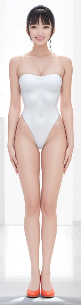 On a white background,A tall and beautiful Chinese girl,with fair skin,Toothy smile,A big smile,When you laugh, Your eyes are crescent-shaped,blunt bangs, long straight hair,Wear a one-piece swimsuit and pumps,Swimsuits are decorated with joyful patterns, Stand up straight,Stand upright,hands on sides,Symmetrical distribution,Ray tracing,All shaded areas,No windows, Soft lighting, Warm light, flood light, n, Studio light, 1.4x Realistic Ultra HD