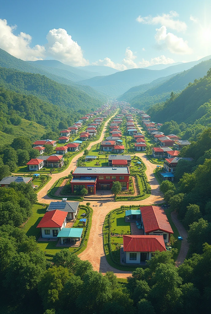 Create a vibrant and hopeful image of the Wayanad Mundakkai township plan, showcasing a thriving community of resilient survivors. Depict a well-planned, eco-friendly town with modern infrastructure, green spaces, and innovative housing designs. Incorporate elements of community support, progress, and unity, highlighting the survivors' determination to rebuild their lives. Include features like:
- A central community center or town hall, symbolizing unity and collective strength
- Sustainable, disaster-resistant homes with lush green surroundings
- Modern amenities like renewable energy sources, water harvesting systems, and waste management facilities
- Public art installations or murals reflecting the community's history, culture, and hope for the future
- A backdrop of lush green hills or forests, signifying the town's harmonious relationship with nature
Convey a sense of hope, resilience, and new beginnings in the face of adversity."