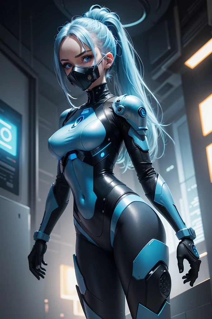 from below angle from below camera shoots from below cyborg warrior girl flat horizon photo, Girl android , she has long light blue hair, hair tied up in a ponytail, she has a mask on her face, a respirator, a woman with sexy hips, incredibly beautiful blue eyes and a gas mask on her face, half cyborg, technological modifications. Cool girl, Beautiful face, pretty face, look at the camera, blue metal cybernetic android robot body, Large, wide hips, suit with blue indicator lines with many blue details, blue colour corset, blue glowing lines on clothing details, cybernetic armor with a blue glow from under the joints and joints, she has blue eyes , frame with a flat horizon, Anime Style Photography , blue Lasers, black dark blue smoke background Cyberpunk style, high image detail, 4k quality, the camera films Her from below, lower angle of photography, black background image of a night black city and blue neon lights, blue lamps, blue lighting, blue flashes IN THE BACKGROUND blue sky , a girl stands on the roof of a tall building, behind her is a blue sky and clouds