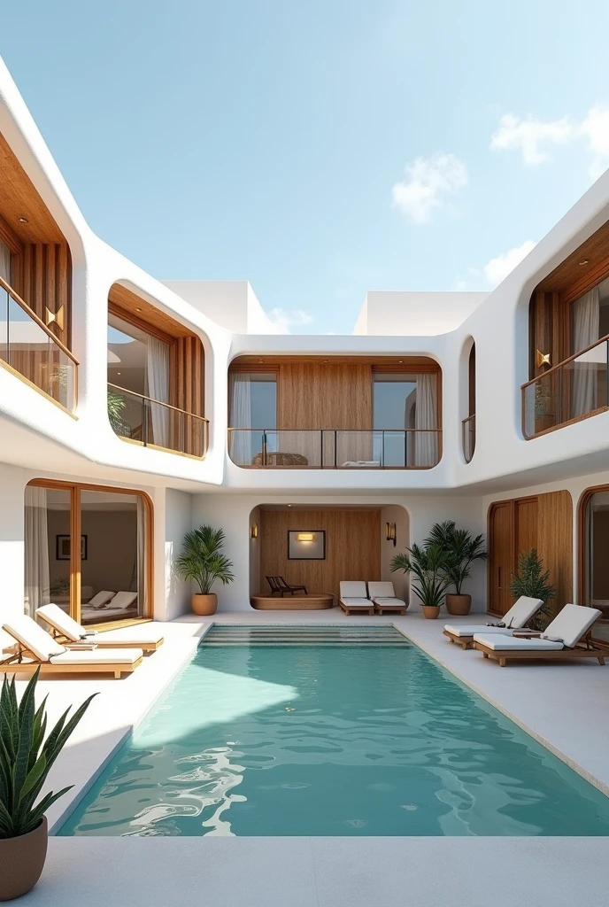 a hotel/two story hostel, white and in some parts wood texture, It has an L shape and a large beautiful patio with a pool in the center., beach chairs