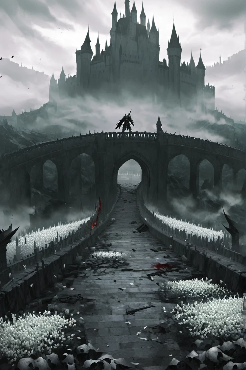 Big Wide Bridge, castle in the background, haze, brutally excessive, great knight with shield standing on top of bridge, fallen knights, corpses, karo, blood on the bridge, white flowers under the bridge, stunning landscape (dreamy landscape)