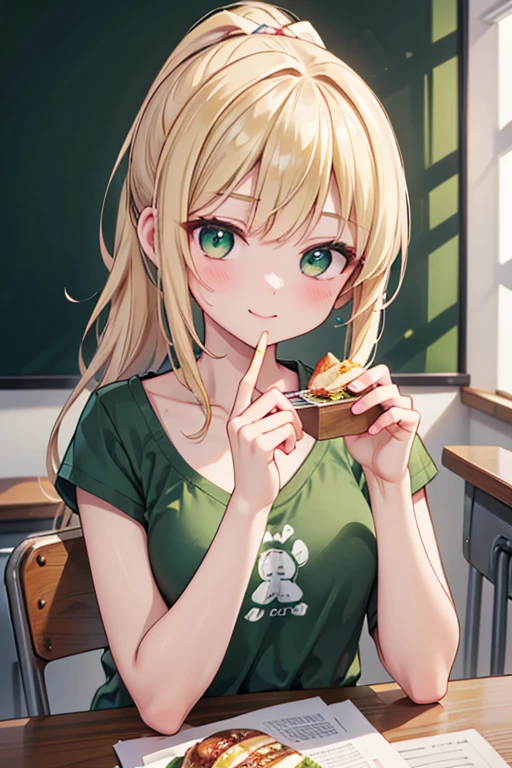 masterpiece,best quality,super detailed,super fine illustration,8k,perfect face,perfect body,woman,English Teacher,little smile,eating lunch,Blonde,ponytail,green T-shirt,cute,green eyes,25yo,Small breasts,(face brasched:1.3),BREAK in class room,detailed background,beautiful background,