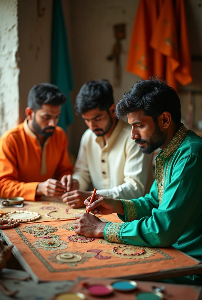 Make image of three man wiring kurta 1st one wiring orange color kurta and 2nd wiring white colour kurta and 3rd wiring green colour kurta make some real image