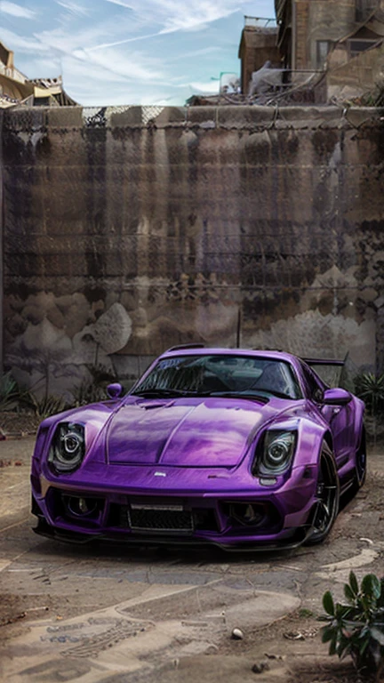 a purple sports car parked in the desert with purple reflective windows