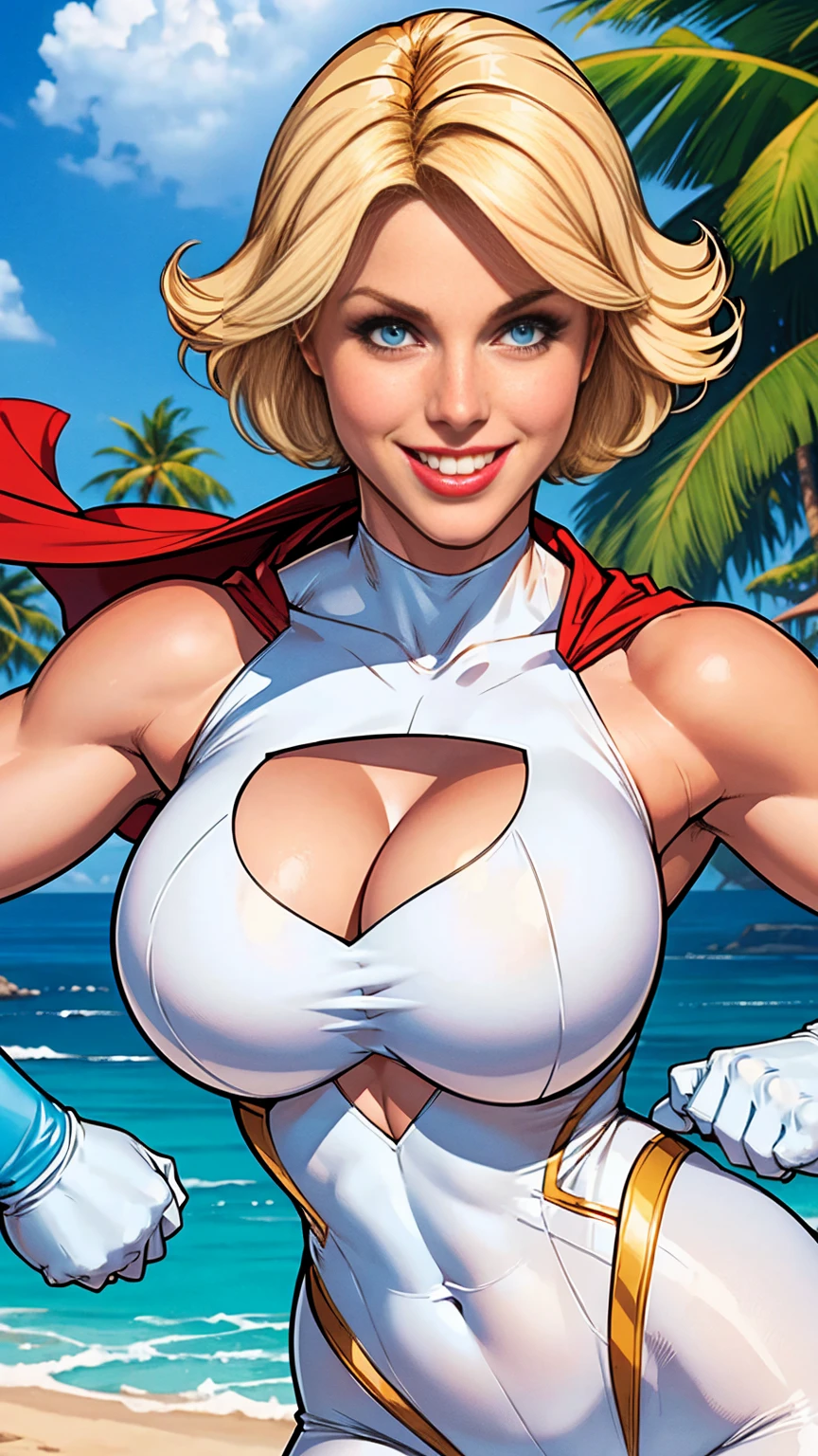 Power Girl from DC comics, blonde hair, bob hairstyle, perfect breasts, ((white sleeveless spandex bodysuit with oval cleavage cut out)), ((blue gloves)), red short cape, toned body, smile, tropical location