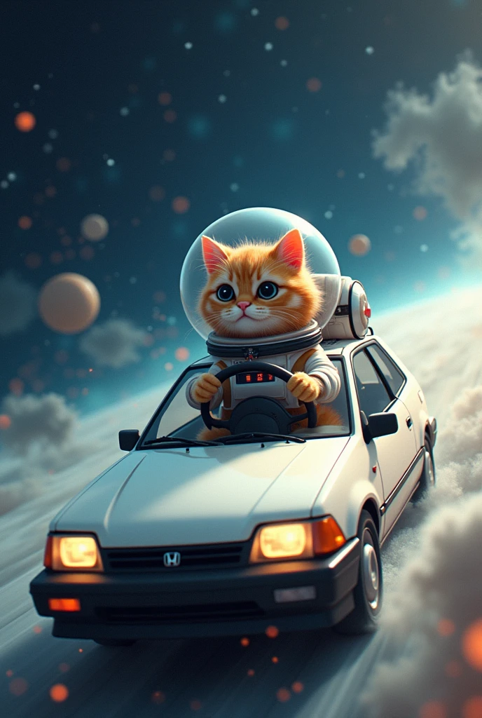A cat driving a honda civic 1995 color white in the space with flow