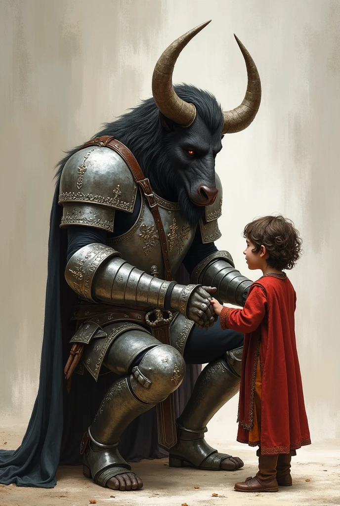 Kind Minotaur paladin dressed in armor with white details with a silver sword in the sheath at his waist kneeling helping a child in need